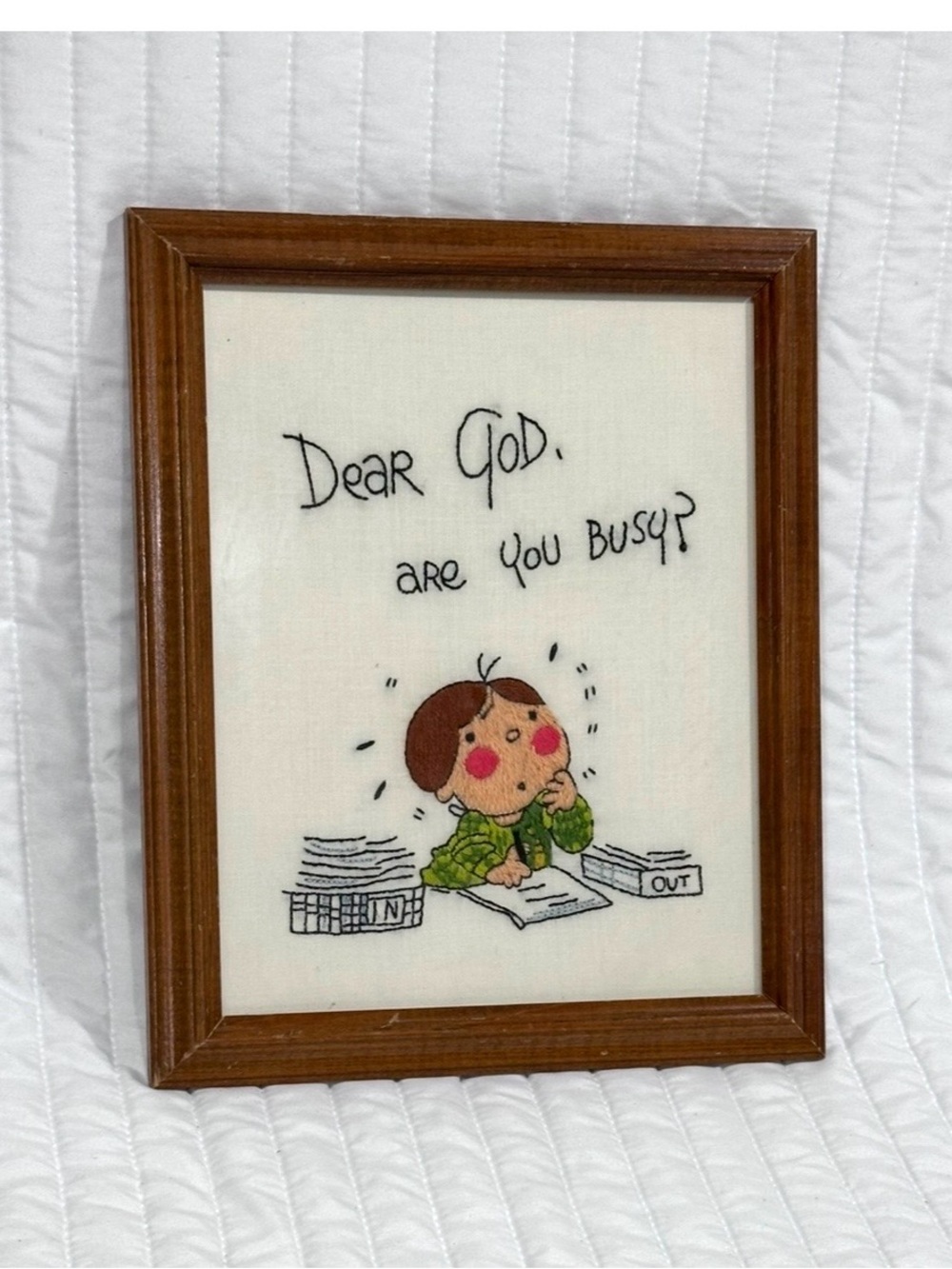 Vintage Framed Embroidered Wall Art - 'Dear God, Are You Busy?'